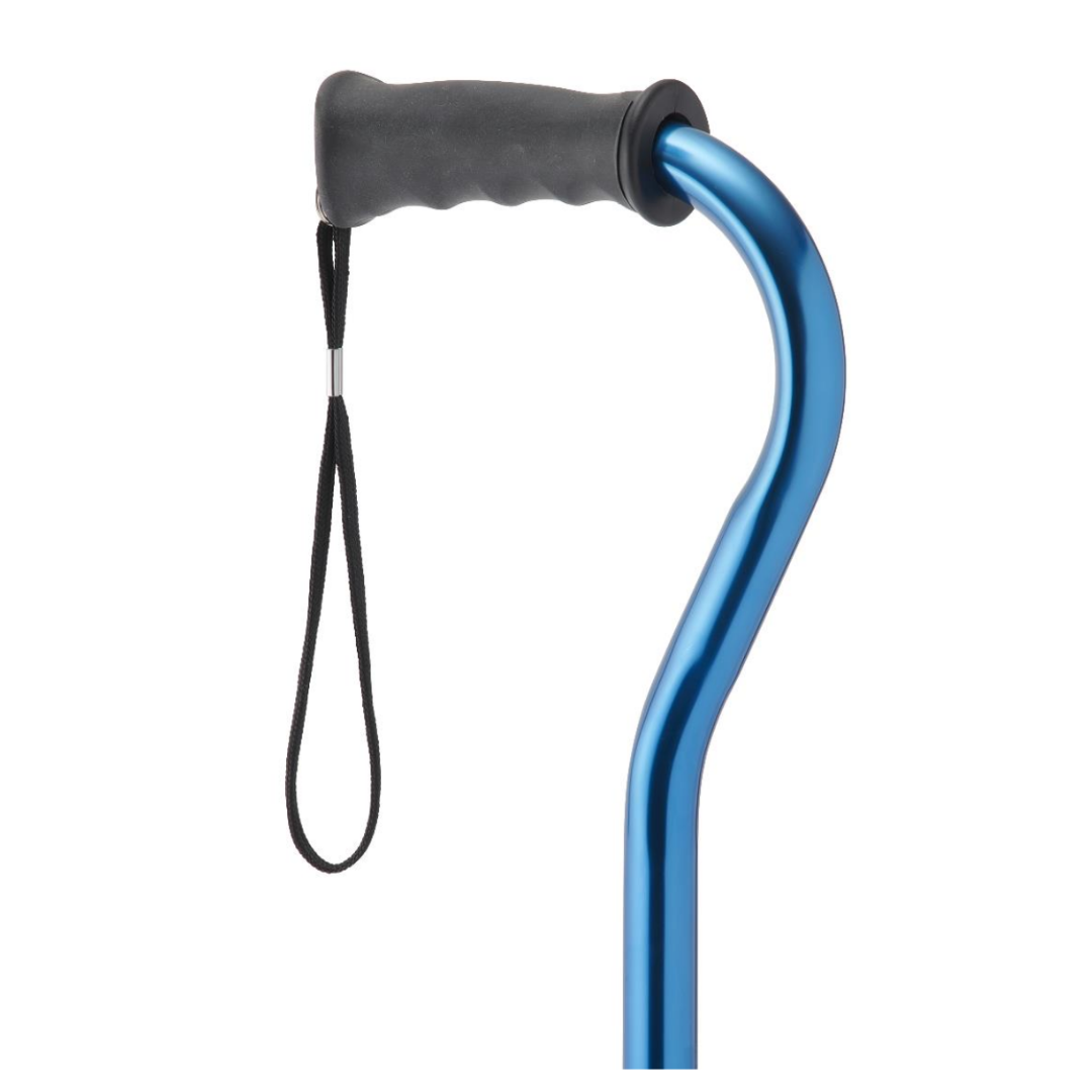 A close-up of the Medline Aluminum Offset Cane with Gel Grip in metallic blue, featuring a black ergonomic handle and wrist strap, supportive for daily mobility, shown against a plain white background.